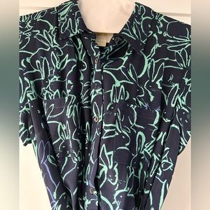 Maeve shirt dress with tie at waist, size 6, navy with turquoise design